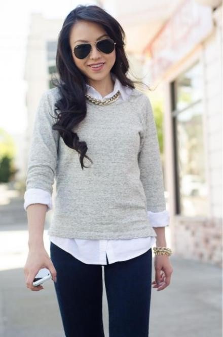 casual button-down sweater and jeans