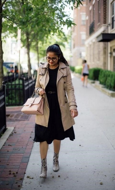 trench coat and a flare skirt
